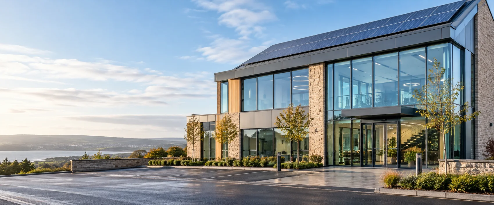 Modern commercial building with solar panels