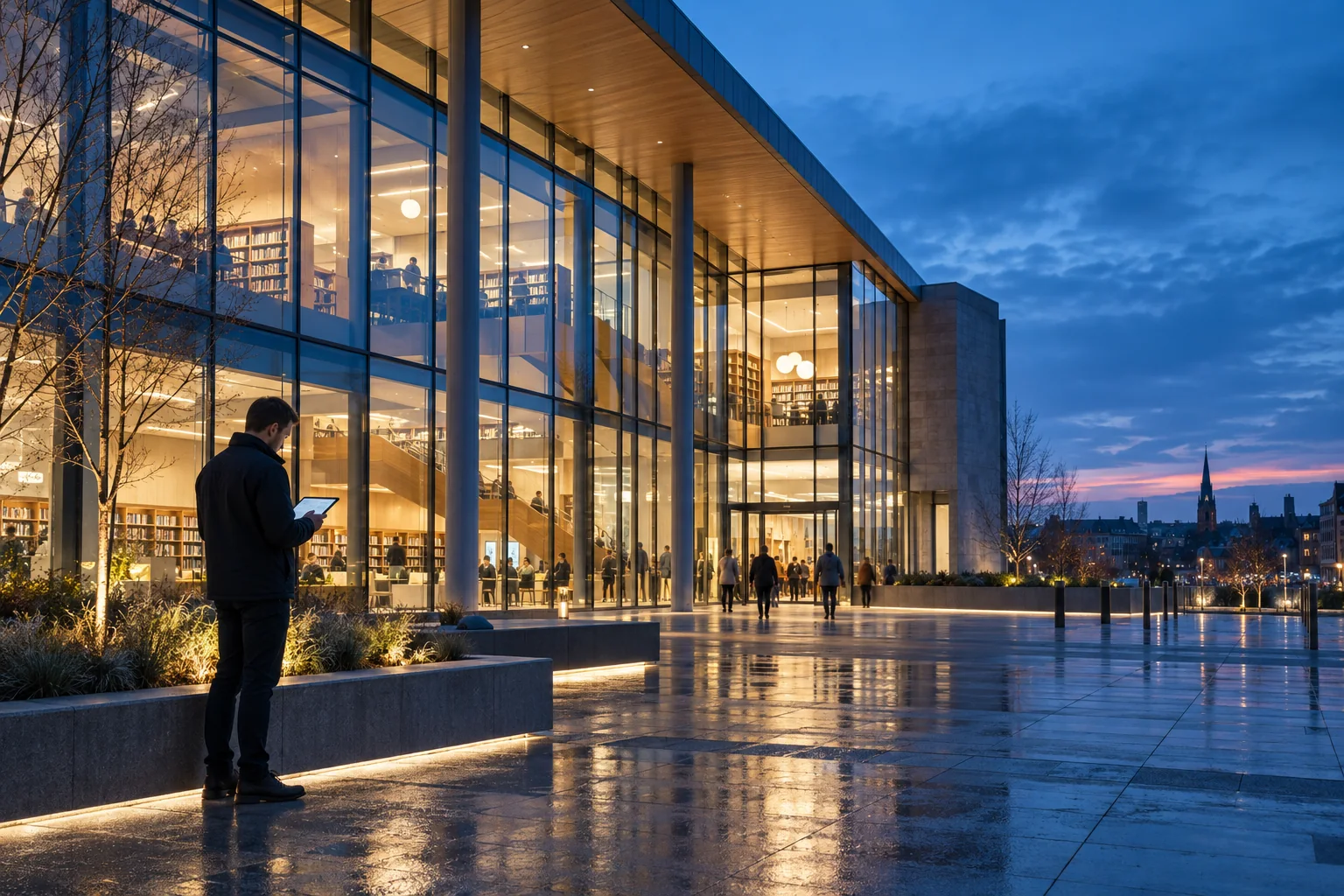 Public library in use at dusk with an energy assessor outside