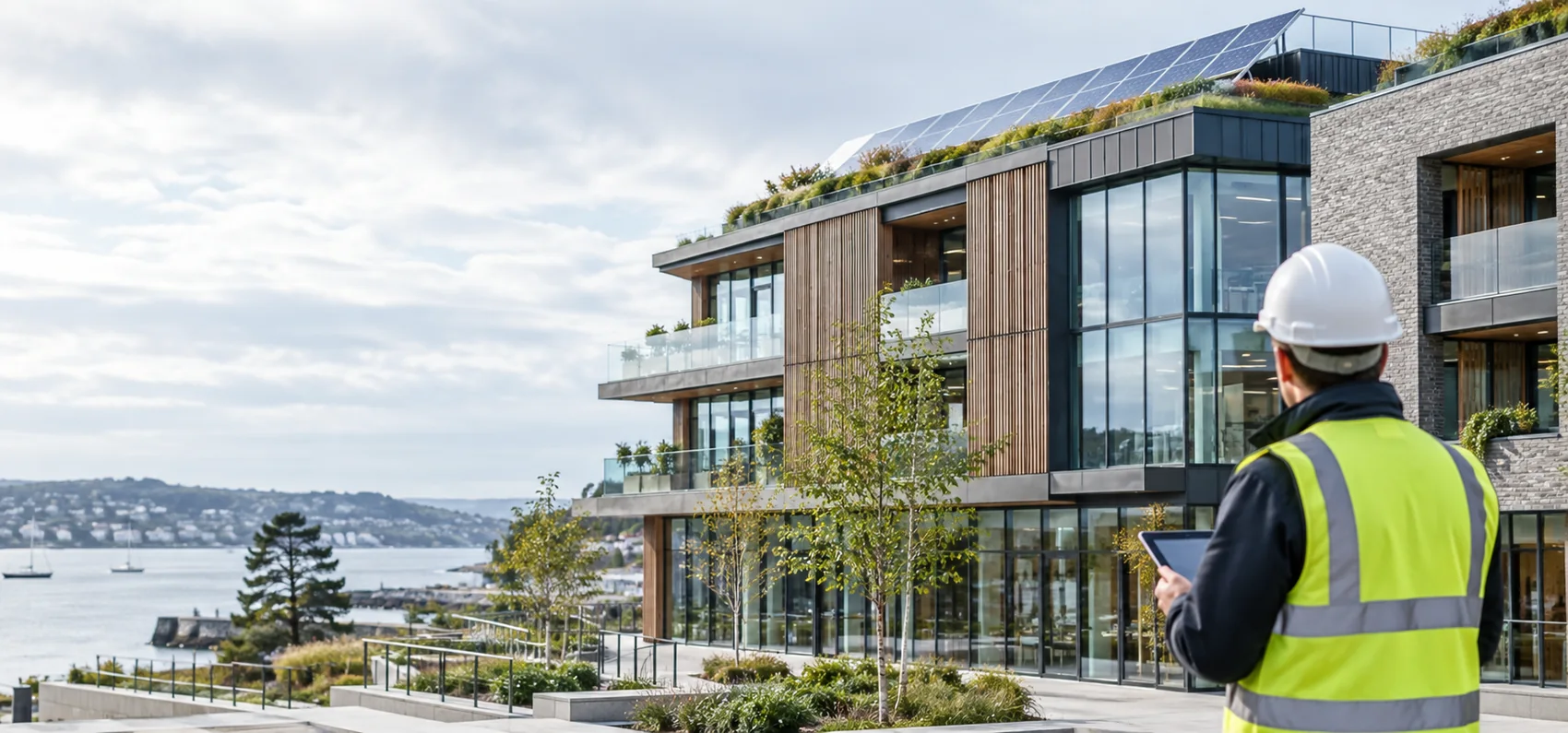 Solar equipped building with green roof and an energy surveyor at work