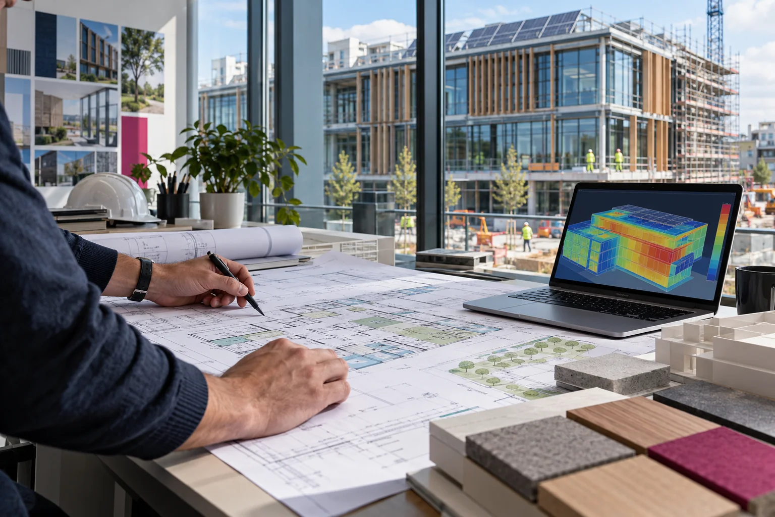 Architect reviewing building plans and a non-domestic energy model